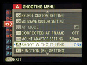 Shooting Menu 3, Shoot without lens