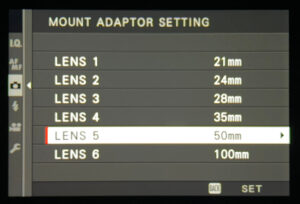 Mount adaptor setting, Lens 5, 50mm