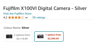 Amazon listing for Fujifilm X100VI. Shows two buying options at $3119.99 and $3589.95.