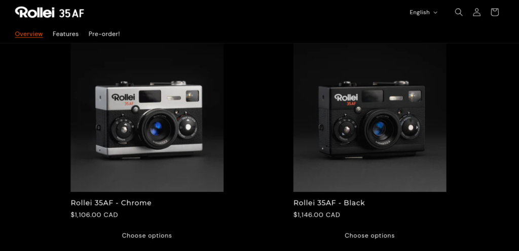 Webpage with two Rollei 35AF camera. On the left, the silver model for CAD1106, and on the right the black model for CAD 1146. Below each there is a button labelled "Choose options"